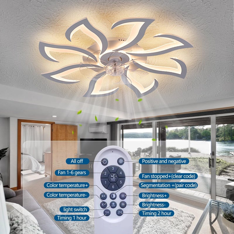 Dalouguan مروحة سقف عصرية مع أضواء تحكم عن بعد، 32" بيضاء 6 سرعات 3 ألوان ضوء تصميم منخفض للتركيب على السقف للمطبخ وغرفة النوم - Image 3